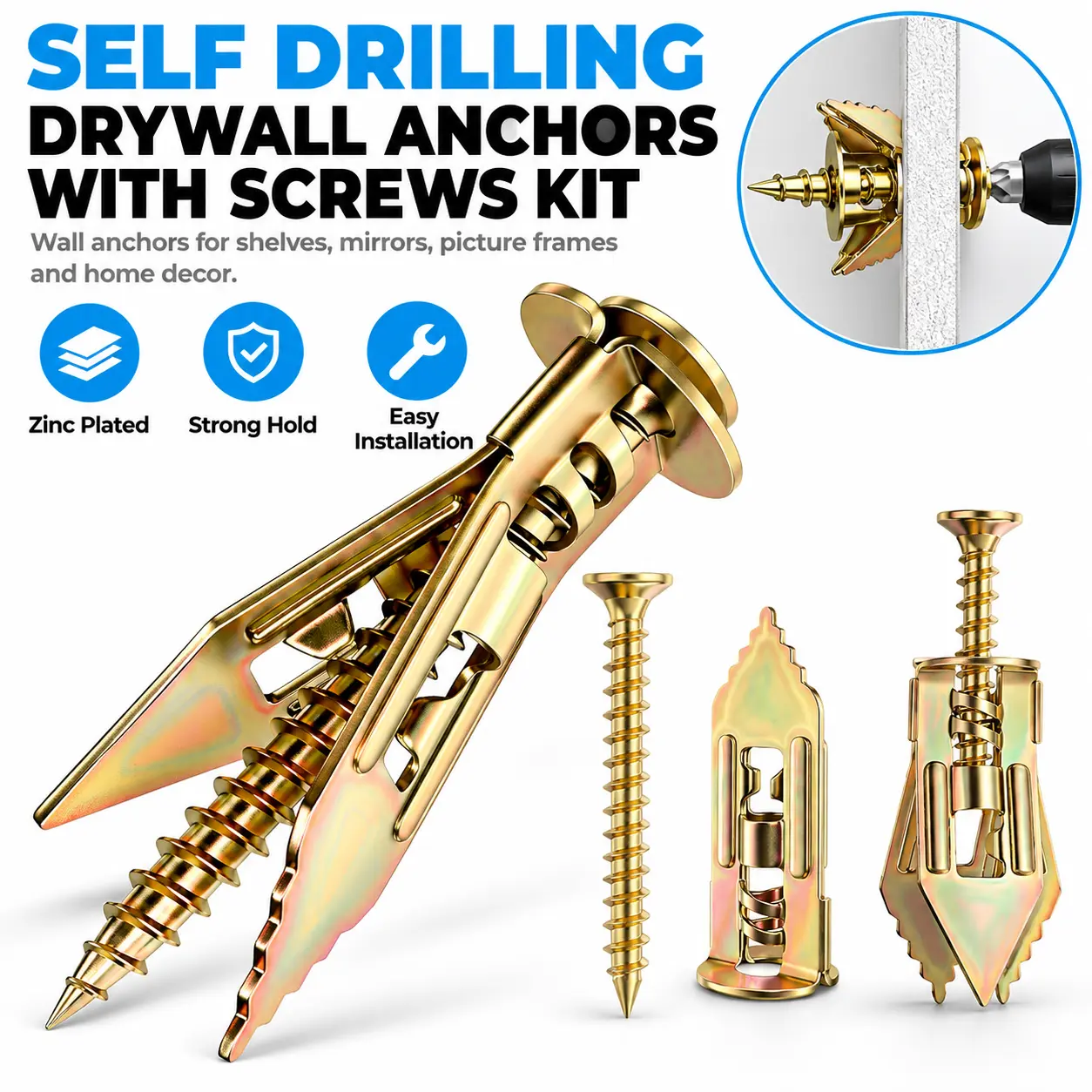 200PCS Self Drilling Drywall Anchors and Screws Kit, Heavy Duty Metal Wall Anchors for Drywall & Sheetrock, Zinc Plated Anchors for Shelves, Mirrors, Picture Frames and Home Decor expansion hinge partition