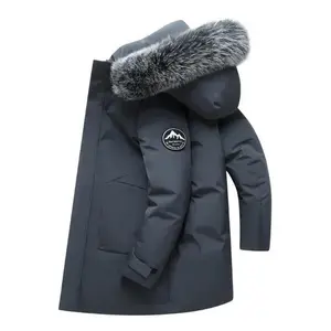 Men’s warm white duck down hooded jacket/parka with multiple pockets — windproof long winter coat for men