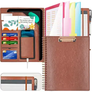 Leather Spiral Padfolio, Padfolio for Men with clipboard, with a Mirror, 5 Folders with 10 Pockets, Portfolio Binder, Clipboard with Storage, Spiral clipfolio with Elastic Strap - Black (Brown)