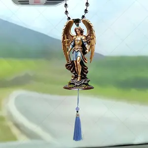 Archangel  Wooden Decor - Christian Art Pendant with Blue Tassels, Intricate Angel Statue, Unique Gift Idea for Ornaments Religious Carving