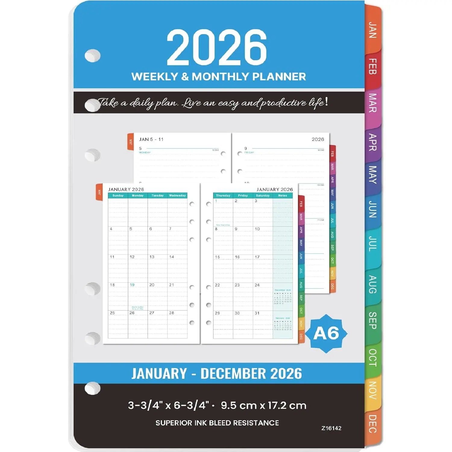 2026 Planner Refills - A6 Weekly and Monthly Planner Inserts, 4" x 6.73", Jan. 2026 - Dec. 2026, Planner Refills 2026, 6 Holes, Colorful Monthly Tabs