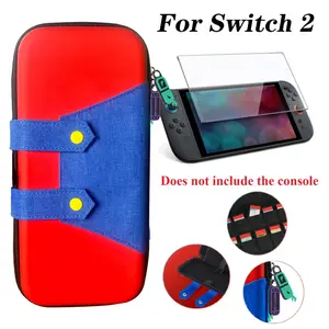 for the Switch 2nd Gen, a Multifunctional Portable Protective Storage Case with a Tempered Screen Protector for the Game Console. Features a Cute Red and Blue Mesh Pocket Design with Dual Zipper Closure, an EVA Protective Case.