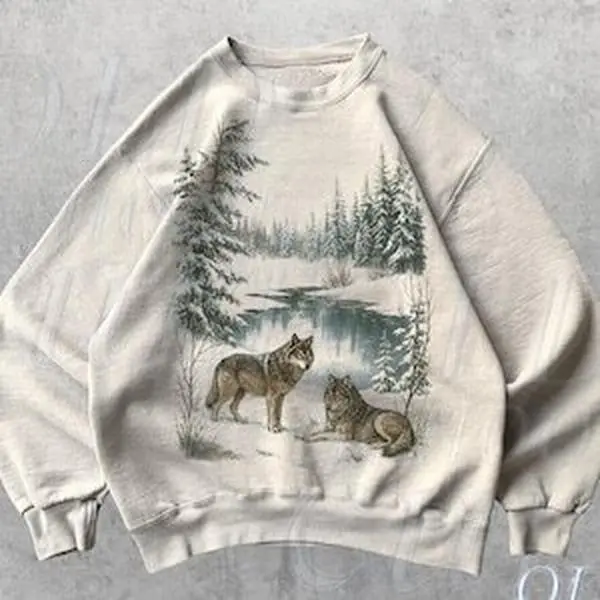 Retro Wolf 90s Sweatshirt , Nature Vintage Wildlife Forest Crewneck, Boho Unisex Cabincore Crewneck Cozy Season Rustic Wolves Top