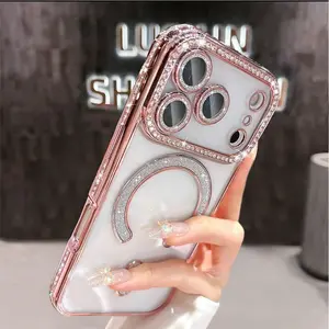 Magnetic Glitter Diamond for iPhone 17 17Air 16 15 14 13 12 11 Pro Max 16E Case Glitter Rhinestone Diamond Camera Lens Protector Plated Clear Slim Protective Drop Shockproof Cover for Smartphone Accessories Casing Protection