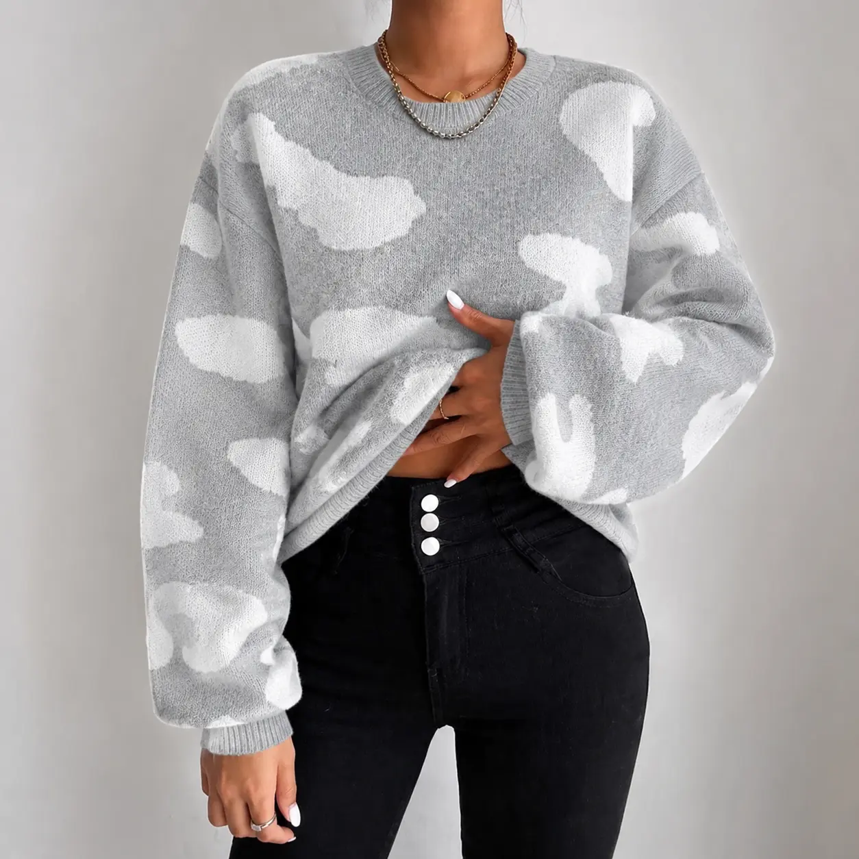 Women's Leopard Camo Print Sweater, Baggy Crewneck Graphic Pullover, Cozy Long Sleeve Soft Knit Tops for Fall and Halloween, Knitwear, Thanksgiving, Crew Neck, Lady, Valentines Day, Style, Everyday, Fabric, Oversized, Fit