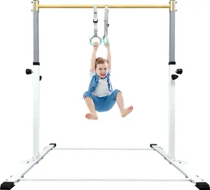 Adjustable Gymnastics Bar for Kids with Mat - Sturdy Kip Bar with Rings, Horizontal Bar for Home Training, 3'-5' Height, Ages 3-15, 250 LBS Capacity, Easy Assembly.