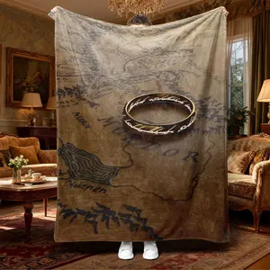 Lord of the Rings Supreme Ring Middle Earth Map Flannel Blanket, Soft Lightweight Warm, Bedroom Holiday Decor, All Seasons, Bed Sofa Office Camping Travel Gift