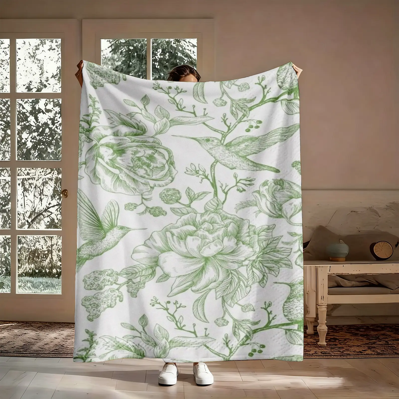 Toile Floral Bird Flannel Throw Blanket, French Country Mint Green Hummingbird Rose Vine Pattern Soft Warm Cozy Nap Blanket for Couch Bed Sofa, Vintage Cottagecore Gift for Her Friend, Birthday Christmas Holiday Housewarming Gift