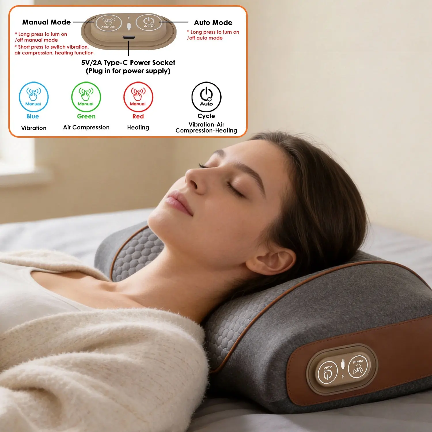 3-in-1 Ergonomic Relaxation Pillow Set with USB Power, Memory Foam Core, Polyester Cover, Tri-Mode Massage Function