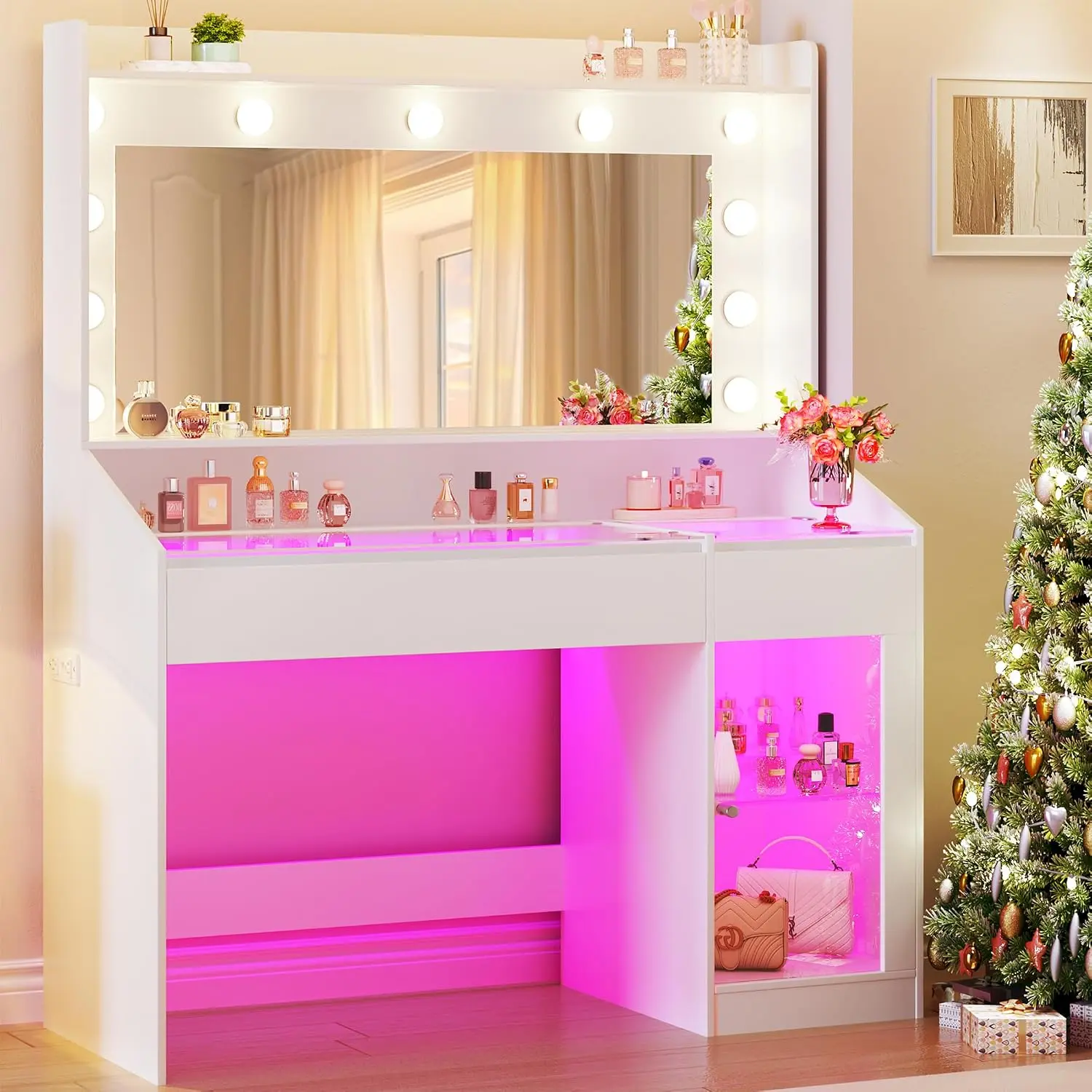 anity Desk with Mirror & RGB Lights, White Makeup Vanity Table with 2 Transparent Top Large Drawers & RGB Cabinet, Vanity Desk with LED Lighted Mirror 3 Colors, Power Outlets, Flip-up Drawer