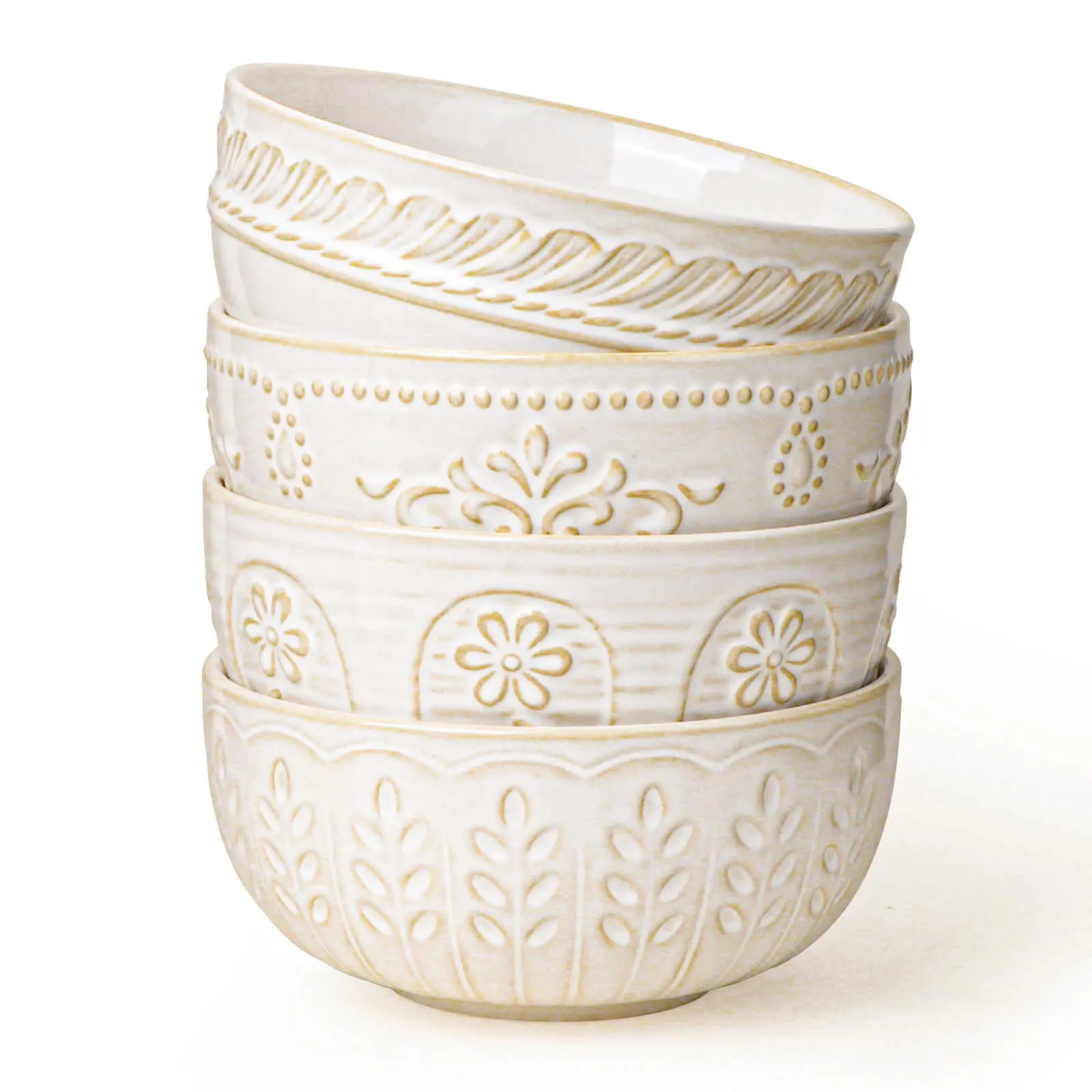 Artena Soup Bowls 32 OZ, Cereal Bowls Set of 4, Embossment Ceramic Ramen Bowl, 6.3 Inch White Salad Bowl, Dishwasher Microwave Safe Tableware