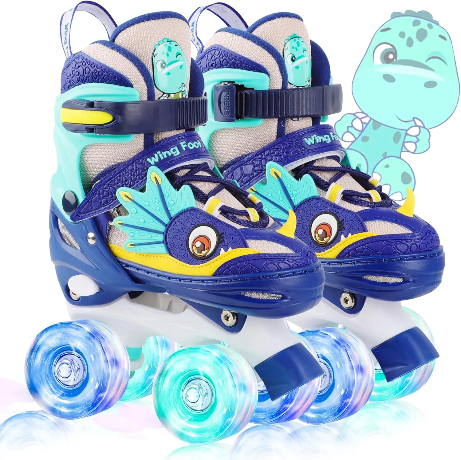 Dinosaur Quad Skates for Kids, Adjustable Beginner Roller Shoes for Boys and Girls with Light-Up Wheels and Velcro Straps, Kids' Roller, Beginners, S, M, Unisex