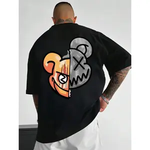 Men's Bear Print Round Neck Jersey Tee, Casual Streetwear Regular Fit Short Sleeve Crew Neck T-shirt for Summer, Fashion Men's Top for Daily Wear,Men's Solid Color Crewneck Tee for Gym & Casual