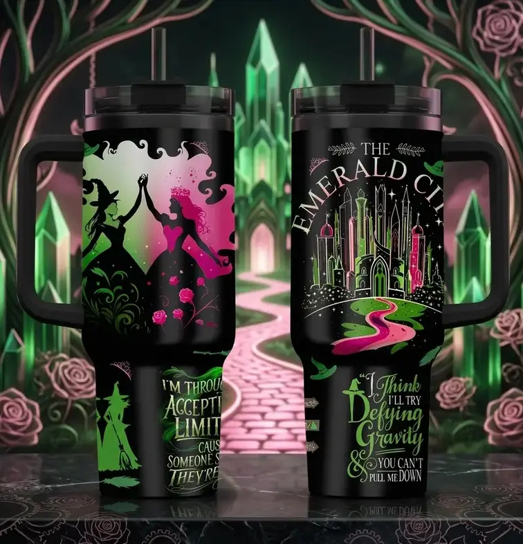 [Gift Box & Straw] Wicked Emerald City Glinda & Elphaba 20oz Skinny & 40oz Handle Tumbler, Pink Green Musical Inspired Stainless Steel Vacuum Insulated Coffee Cup, Hot & Cold Travel Mug, Movie Fan Gift