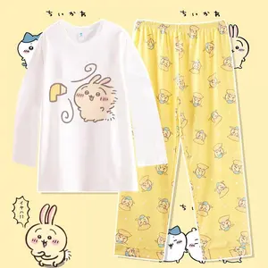2Pcs Cotton Pajamas Suit Kawaii Chiikawa Usagi Autumn Anime Hachiware Long Sleeves Pants Sleepwear Casual Girls Student Homewear