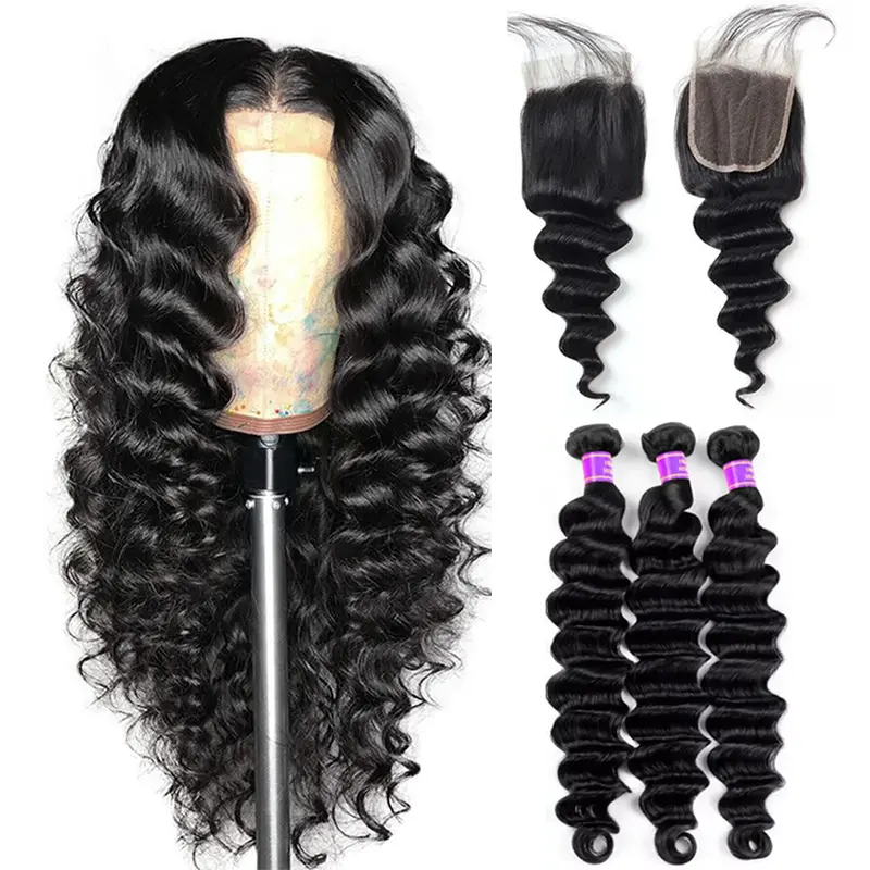 Ama Loose Deep Wave Bulk Human Hair Bundles with 4x4 inch Closure (3/4 Bundles Set)