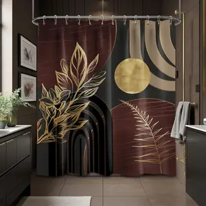 Boho Mid-Century Shower Curtain 70x72 Inch, Dark Brown Black and Gold Bathroom Curtain, Waterproof Fabric Bath Curtain with Hooks, Modern Geometric Bathroom Decor