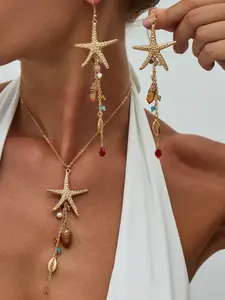 Boho Style Metal Starfish Shell Pendant Necklace, Irregular Crystal Water Drop Tassel Jewelry Set for Women, Beach Vacation Gift