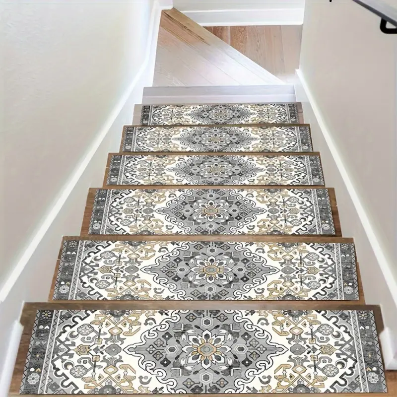 15PCS Carpet Stair Treads Set Rubber Backing Non Slip Safety Mats Reusable Stairway Carpet Rugs Bohemian Indoor Skid Resistant Stair Tread for Steps for Dogs & Elder