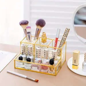 Elegant Golden Glass Makeup Organizer, Multi-Compartment Countertop Storage for Cosmetics &  Tools, Luxury Vanity Decor for Home & Dorm beauty