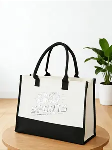 letter print White Canvas BagGO SPORTS Canvas Tote Bag for Women and Men - Spacious Lightweight Rectangular Shoulder Bag with Sturdy Black Handles and Trim, Durable Casual Gym, Sports, and Everyday Use Handbag, Beige with Bold Distressed LogoTravel