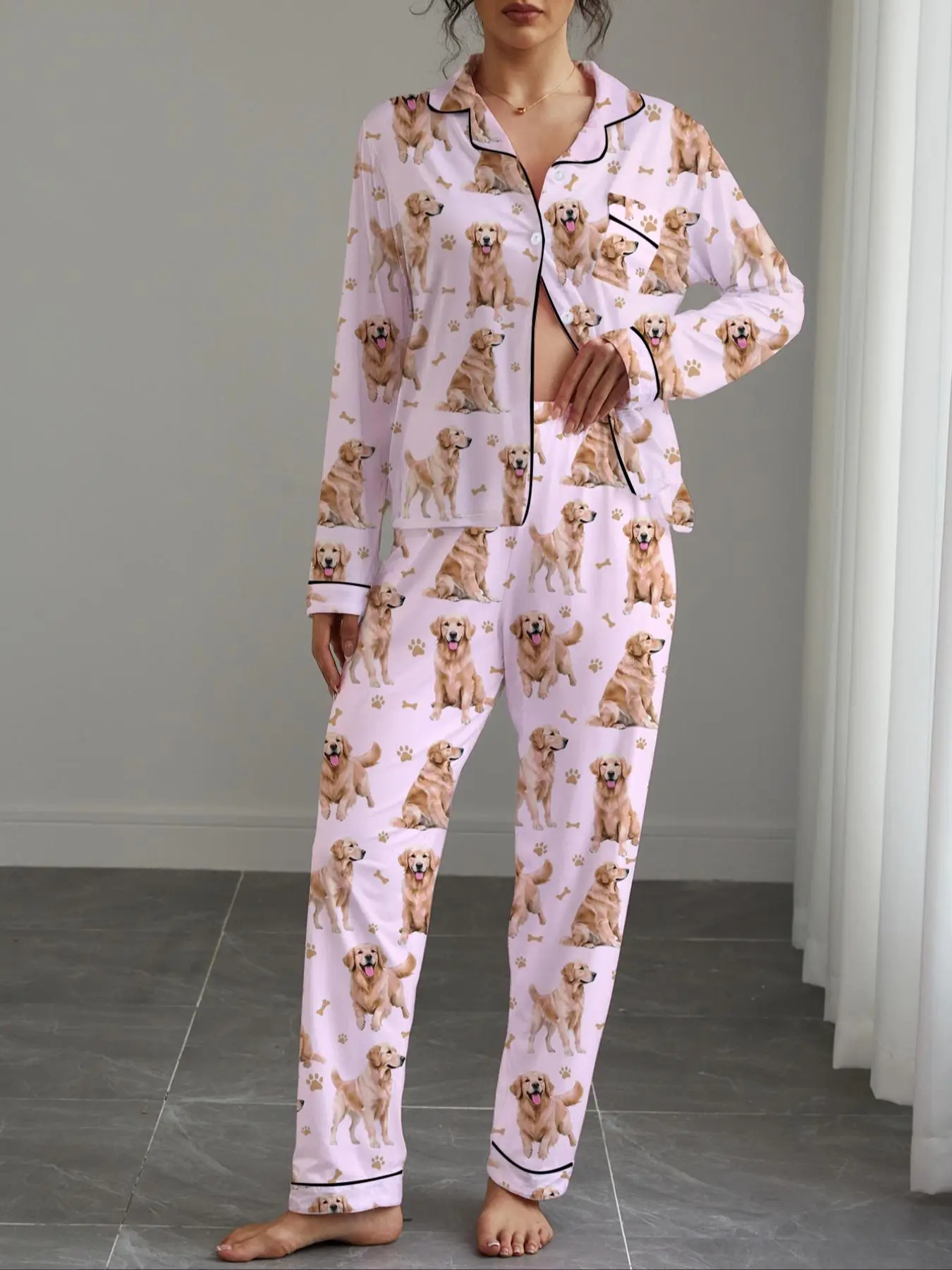 Women's Autumn Winter Fit Pajama Set, Cute Golden Retriever Print Nightwear, Shirt Collar Button Front Long Sleeve Top & Elastic Stretchy Pants Loungewear, Homewear, Pjs, Pyjamas, Casual Sleepwear Loungewear, Pajamas Sets