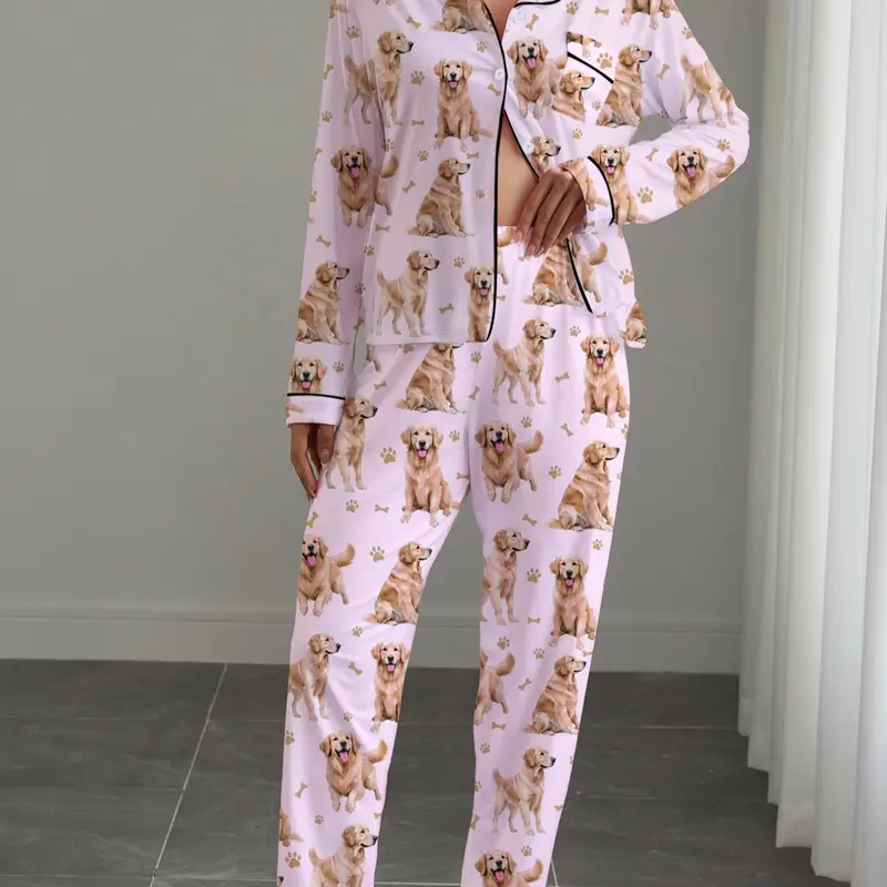 Women's Autumn Winter Fit Pajama Set, Cute Golden Retriever Print Nightwear, Shirt Collar Button Front Long Sleeve Top & Elastic Stretchy Pants Loungewear, Homewear, Pjs, Pyjamas, Casual Sleepwear Loungewear, Pajamas Sets