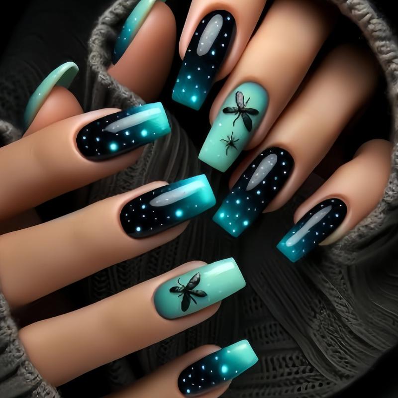 Curvlife medium square  ombre Gel Press On Nails  geometric green glossy shiny for spring Nail Art 2 Week Wear