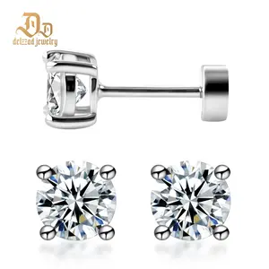 Delzzad Parallel Dream Solitaire Four-Prong Stud Earrings Flat Back Earrings Screw-on Synthetic Moissanite Earrings Jewelry S925 Sterling Silver Studs Moissanite Jewelry Perfect Birthday Engagement Wedding Anniversary Christmas Valentine's Day Gift