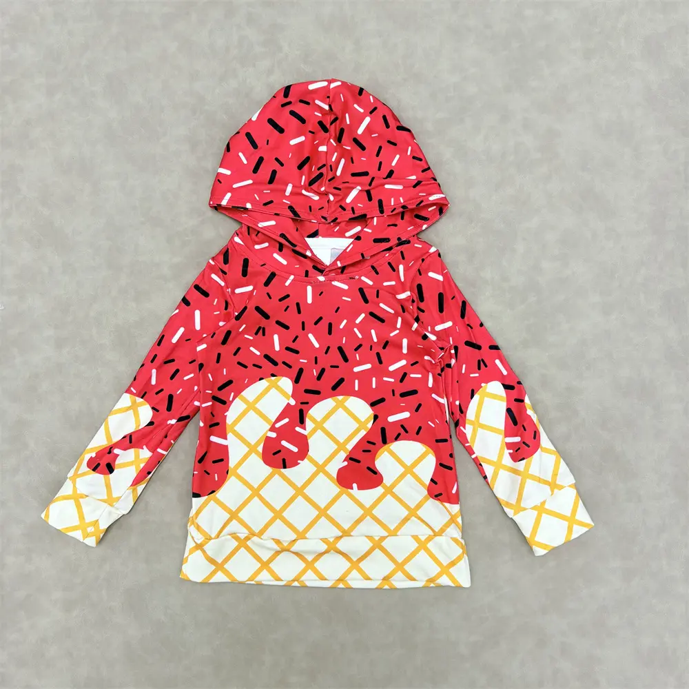 Boys' Graphic Print Hoodie - Soft Cotton-Elastane Stretch Pullover, Long-Sleeve Athletic Shirt for 4T-5T Toddlers, Game Day & Playtime Top, Long Sleeve Shirt, Breathable Fabric, Ice Cream Print