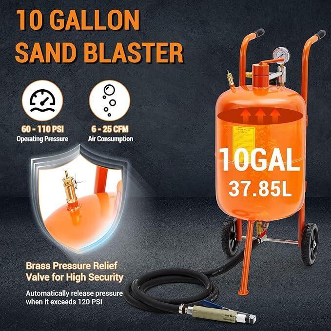 10 Gallon Sand Blasting Machine, 125 Psi Pressure Air Sand Blasting Kit w/4 Ceramic Nozzles & Oil-Water Separator, for Stain Removal Paint Handheld Compressor Tool