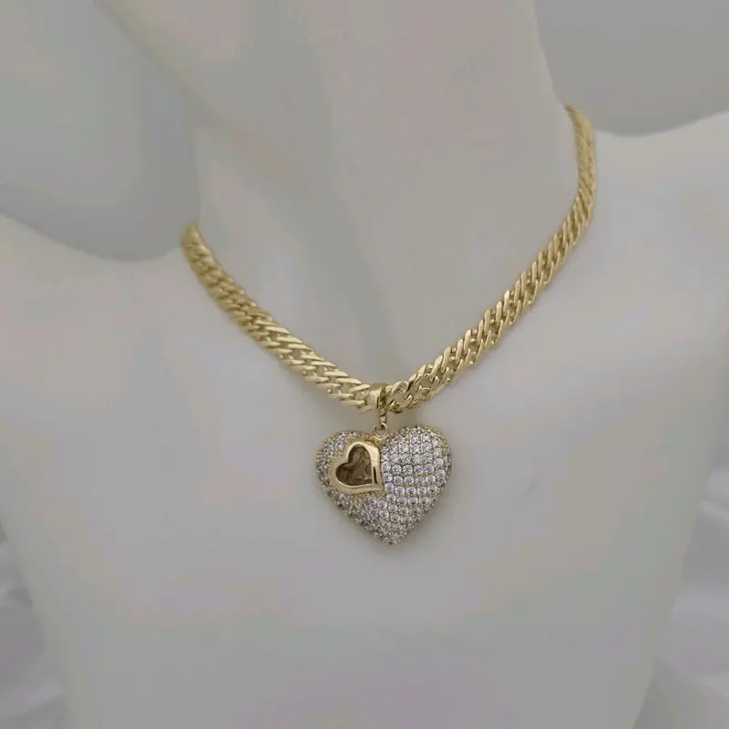 Women's Gold Plated Heart Pendant Necklace - #396 Knitted Chain, #246 Pendant, Casual Everyday Wear Jewelry, Fashionable Jewelry Accessories for Adults