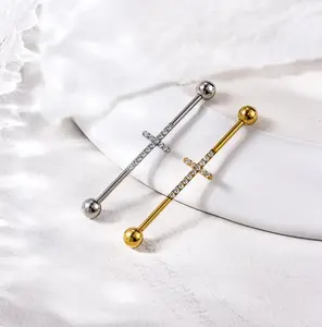 1PC 14G Titanium Steel Semi-Pave Zircon Cross Helix Industrial Barbell Piercing