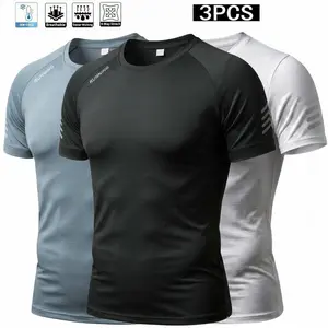 3-pack men’s ice silk fiber T-shirts featuring -7° cooling technology, gradient mesh for moisture absorption, breathable quick-dry fabric, high stretch crew neck tops suitable for fitness, running, training, and spring/summer sportswear.
