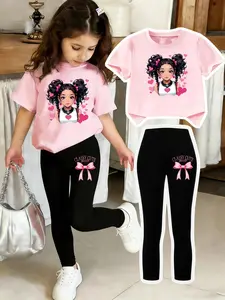 Sweet Cool Dance Girl Cartoon Print Set, Kids Casual 2-Piece, Comfortable Elastic Waist Pants, Spring Summer Daily Wear, Ages 4-12