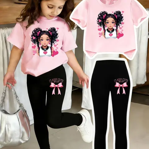 Sweet Cool Dance Girl Cartoon Print Set, Kids Casual 2-Piece Tee Pants Set, Summer Clothes Set, Comfortable Elastic Waist Pants, Spring Summer Daily Wear, Ages 4-12