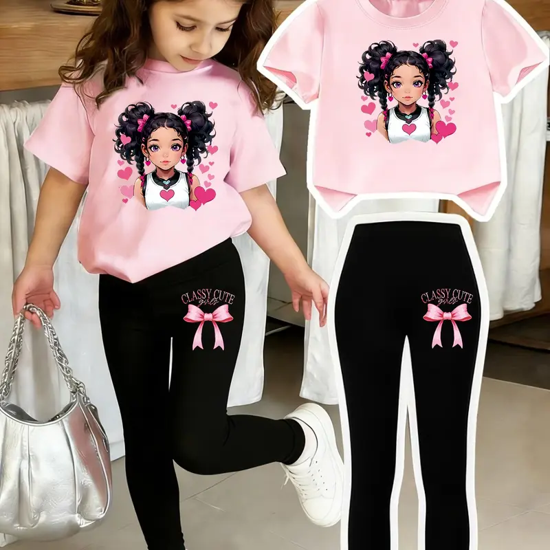 Sweet Cool Dance Girl Cartoon Print Set, Kids Casual 2-Piece Tee Pants Set, Summer Clothes Set, Comfortable Elastic Waist Pants, Spring Summer Daily Wear, Ages 4-12
