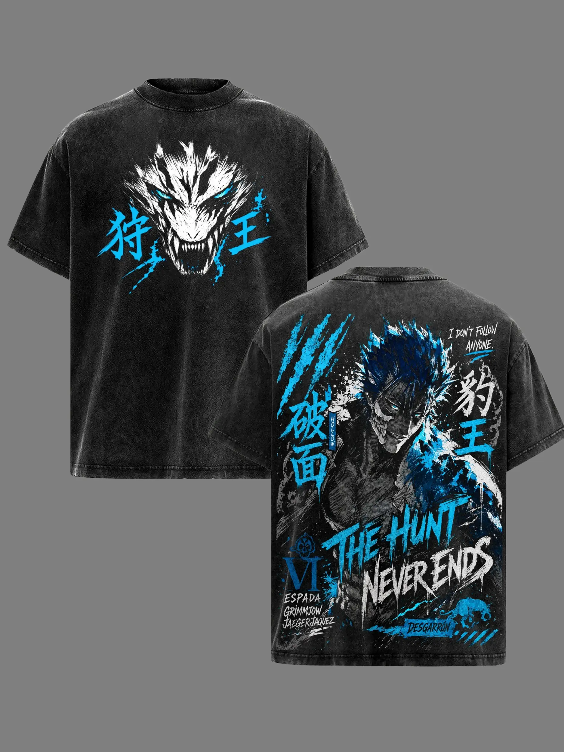 Grimmjow Jaegerjaquez Arrancar Graphic T-Shirt, Men's Vintage Washed Heavyweight Cotton, Casual Short Sleeve Oversized Streetwear Top, Shortsleeve, Menswear, Tshirt, Oversize Shirt, Anime Graphic