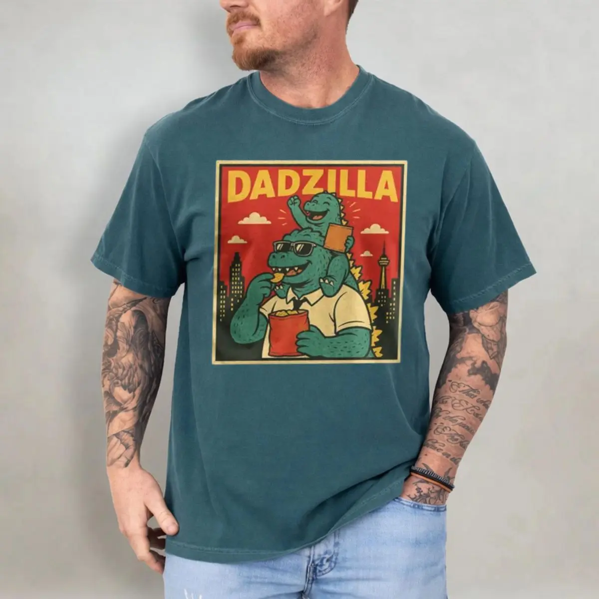 Comfort Colors Dadzilla Fathers Day Graphic Tee, Funny Monster Dad Snack Lover Shirt, Retro Kaiju Humor Top, Gift For Dad, Unisex Garment-Dyed Tee, Crewneck Top
