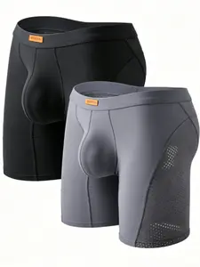 2-Pack Men's Nylon Ice Silk Mesh Sport Underwear, Sporty Underwear, Extended Anti-Chafe, Moisture-Wicking, Breathable Quick-Dry, Running Fitness Trunks