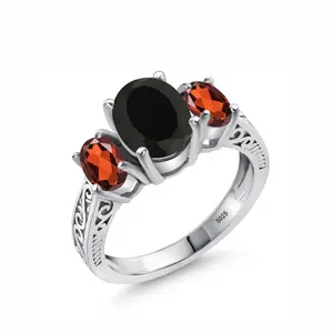 S925 Sterling Silver 2.73 Cttw Black Onyx and Red Garnet 3 Stone Ring For Women, Vintage Artificial Gemstone Jewelry, Vintage Synthetic Obsidian Ring Wedding Engagement Anniversary Promise Ring For Women, Statement Ring Gift for Her Mother's day Gift luck