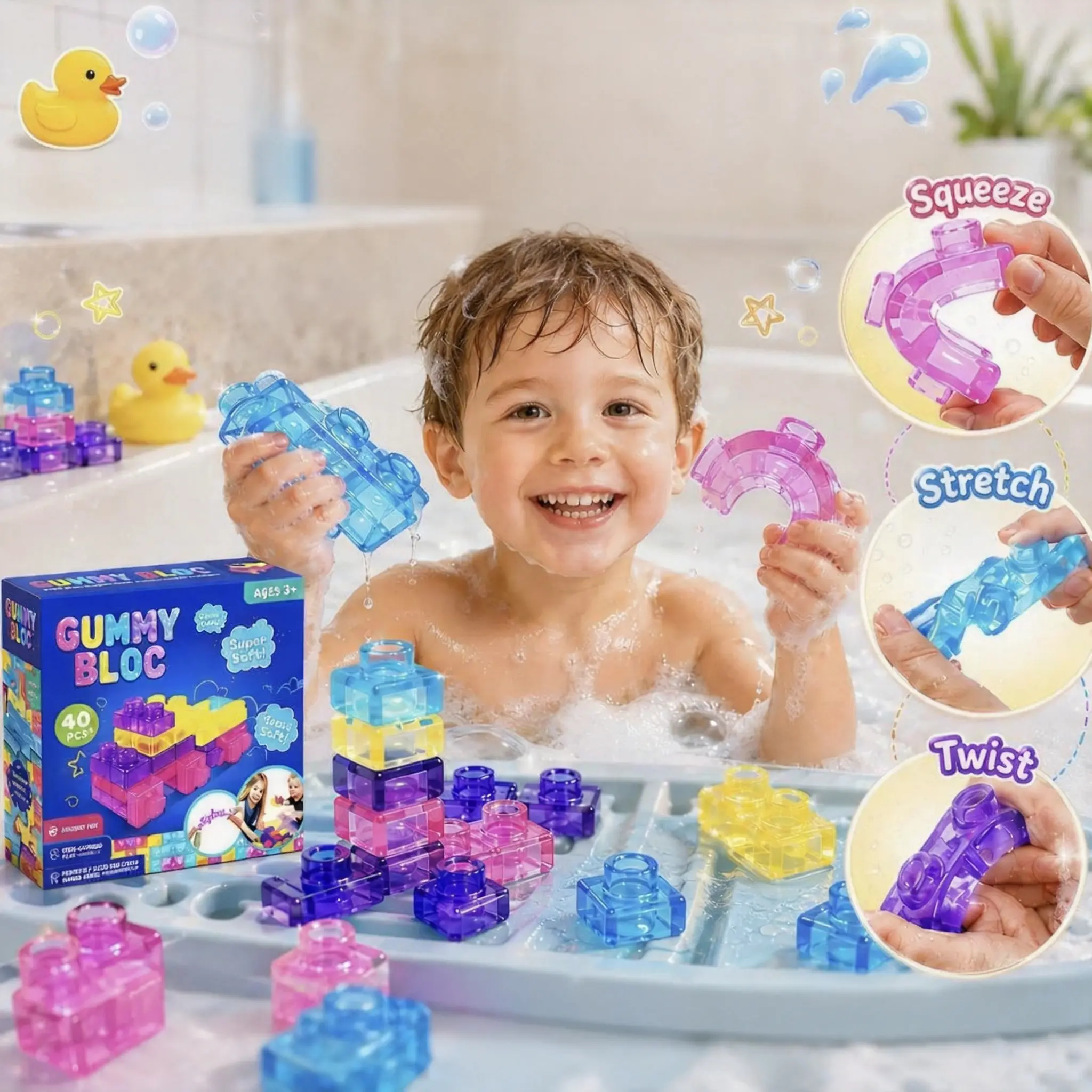 40Pcs Soft Jelly Building Blocks, Squishy Stretchable Stacking Bricks, Non-Toxic BPA-Free TPE Safe Unisex Sensory Toy, Stress Relief Educational Bath Play Gift for Kids Ages 3+
