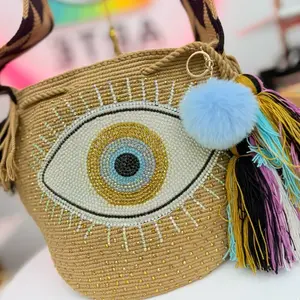 Handmade Wayuu Evil Eye Crossbody Bag  Rhinestone Boho Bag | Crochet Bucket Purse | Statement Artisan Bag