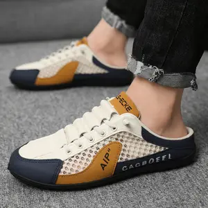 Men's Summer 2025 Half Slippers, Soft-soled Sports and Casual Slippers, Lazy People's Easy-to-Wear Mesh Breathable Fashionable Outdoor and Indoor Half Slippers, Lightweight Slippers, Men's Fashionable Casual Shoes Footwear Boy Footwear Boy Flat Nail Khaki