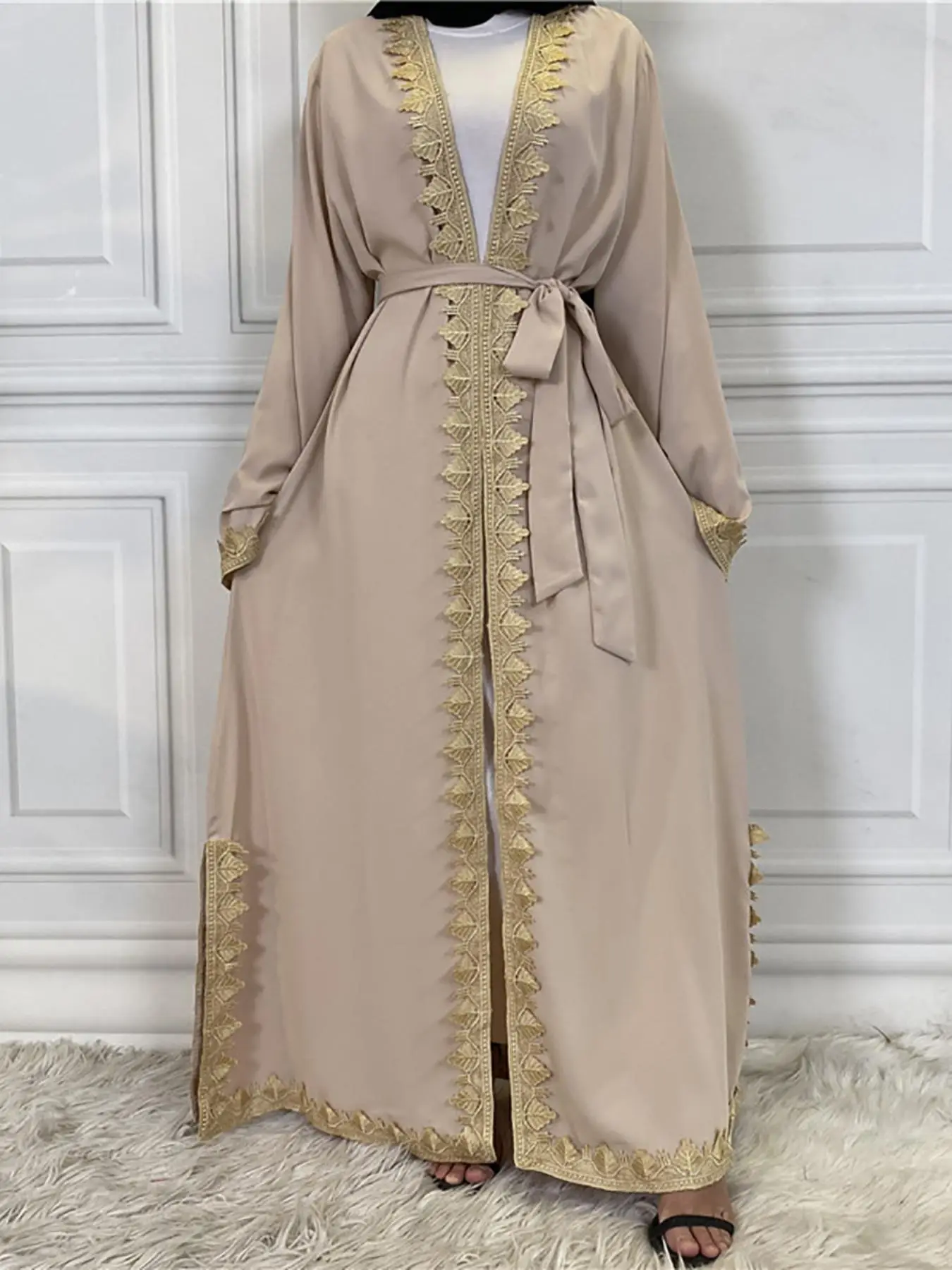 Women's Solid Embroidery Belted Split Hem Abaya, Modest Long Sleeve Drop Shoulder Abaya for Daily Wear, Women's Islamic Clothing for Spring & Fall