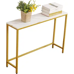 Console Table for Entryway, Faux Marble MDF Sofa Table with Golden Frame (Single Layer, White Marble)