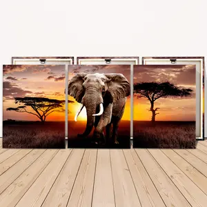 3 Counts Wooden Framed Canvas, Majestic Elephant At Sunset Images, Exquisite Poster, Perfect Living Room Decoration, Modern Art, Fashion Family Poster, Wall Art Decoration, Waterproof Art