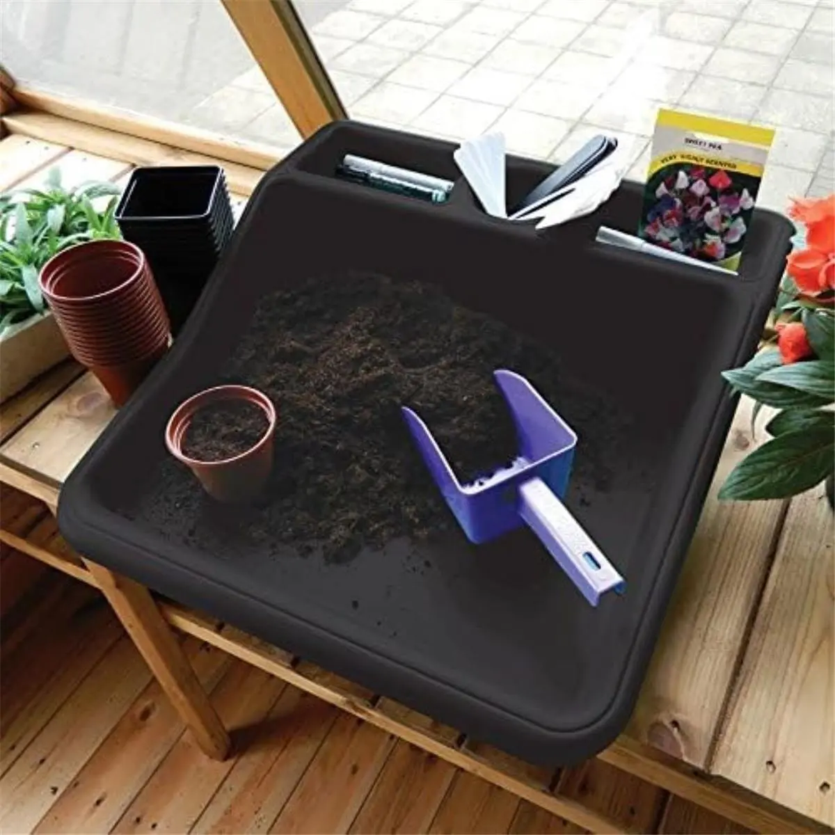 Garland Products GP185B Black Compact Tidy Tray with Integral Shelf, 100% Recycled Eco-Friendly Plastic, 19in L x 19.5in W x 6in H, 2lb Lightweight, Durable for Gardening & Greenhouse Enthusiasts