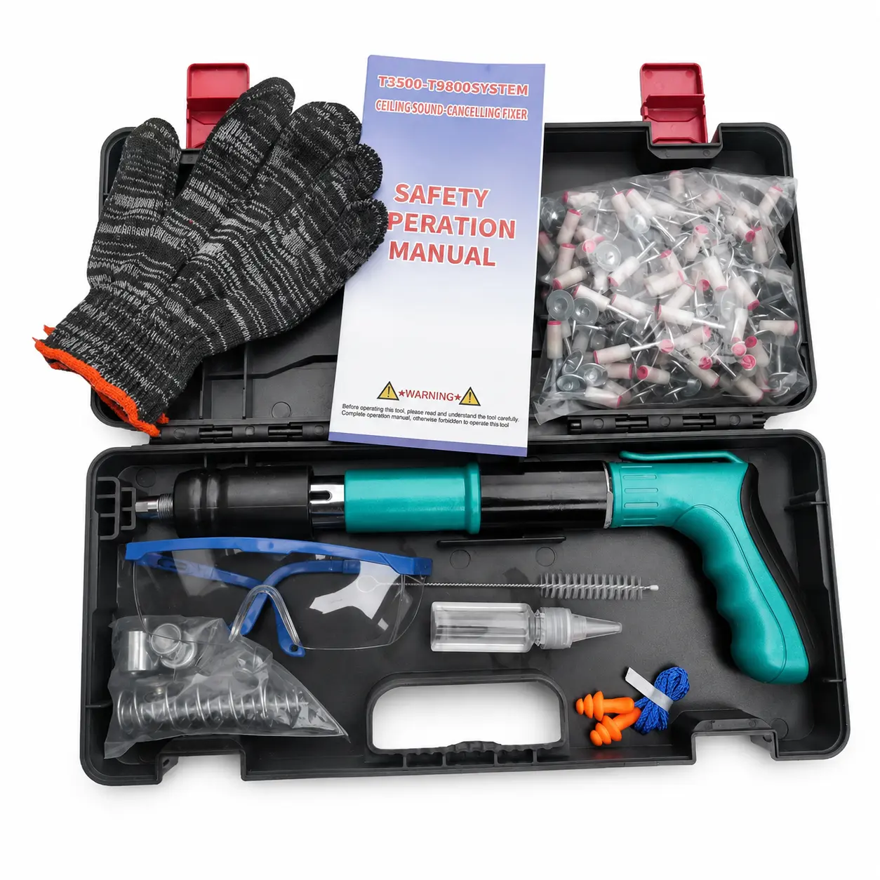 Manual Ceiling Fastener Gun Kit, Insulation Fastening Tool with Fasteners, Safety Glasses & Carrying Case for Soundproof Ceiling, Acoustic Panel Installation, Home Improvement & Construction