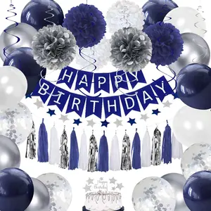 Birthday Decorations Men Blue, Navy Blue White Silver Party Decorations - Navy Blue and Silver Balloons with Happy Birthday Banner, Tissue Pompoms, Hanging Swirl Streamer, Tassels Garland